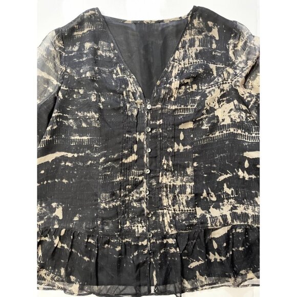 Women's Black & Taupe Chiffon Blouse Size 1X (16W-18W) V-Neck Tux-Pleated Button - Picture 3 of 9